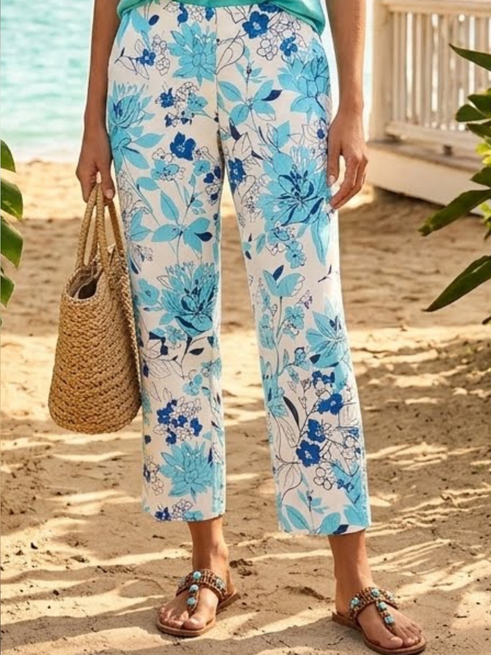 VTG Tommy Bahama Silk Linen Tropical Floral Wide Leg Cropped Pants 12 Luxury